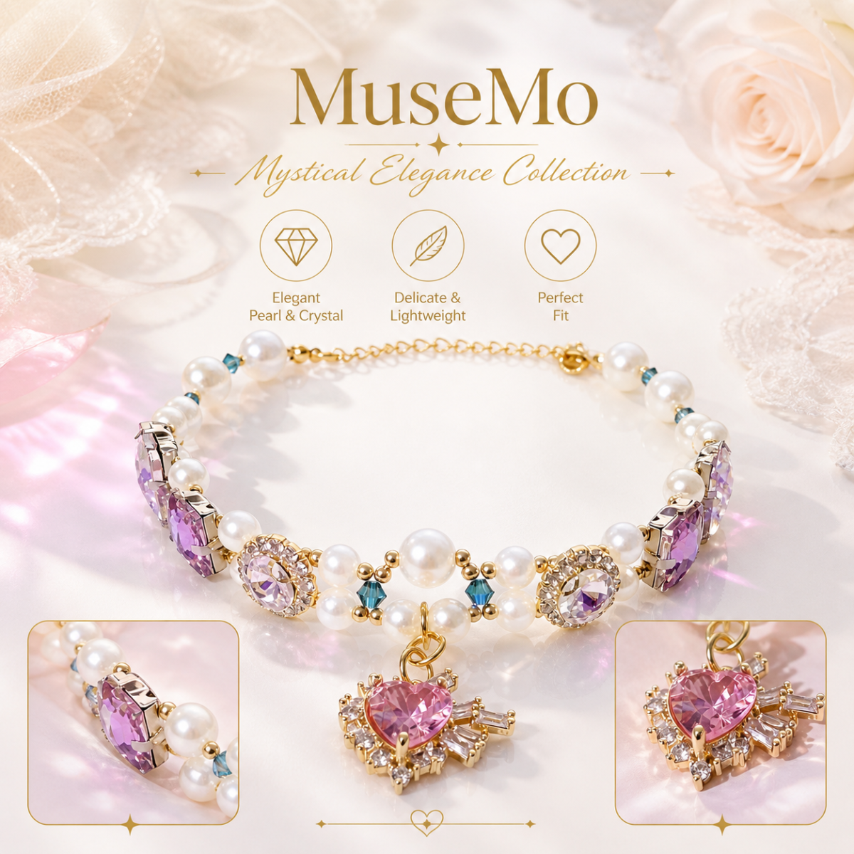 Pearl & Crystal Heart Pet Necklace