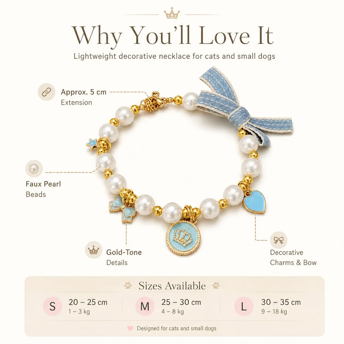 Light Blue Pearl Bow & Crown Pet Necklace
