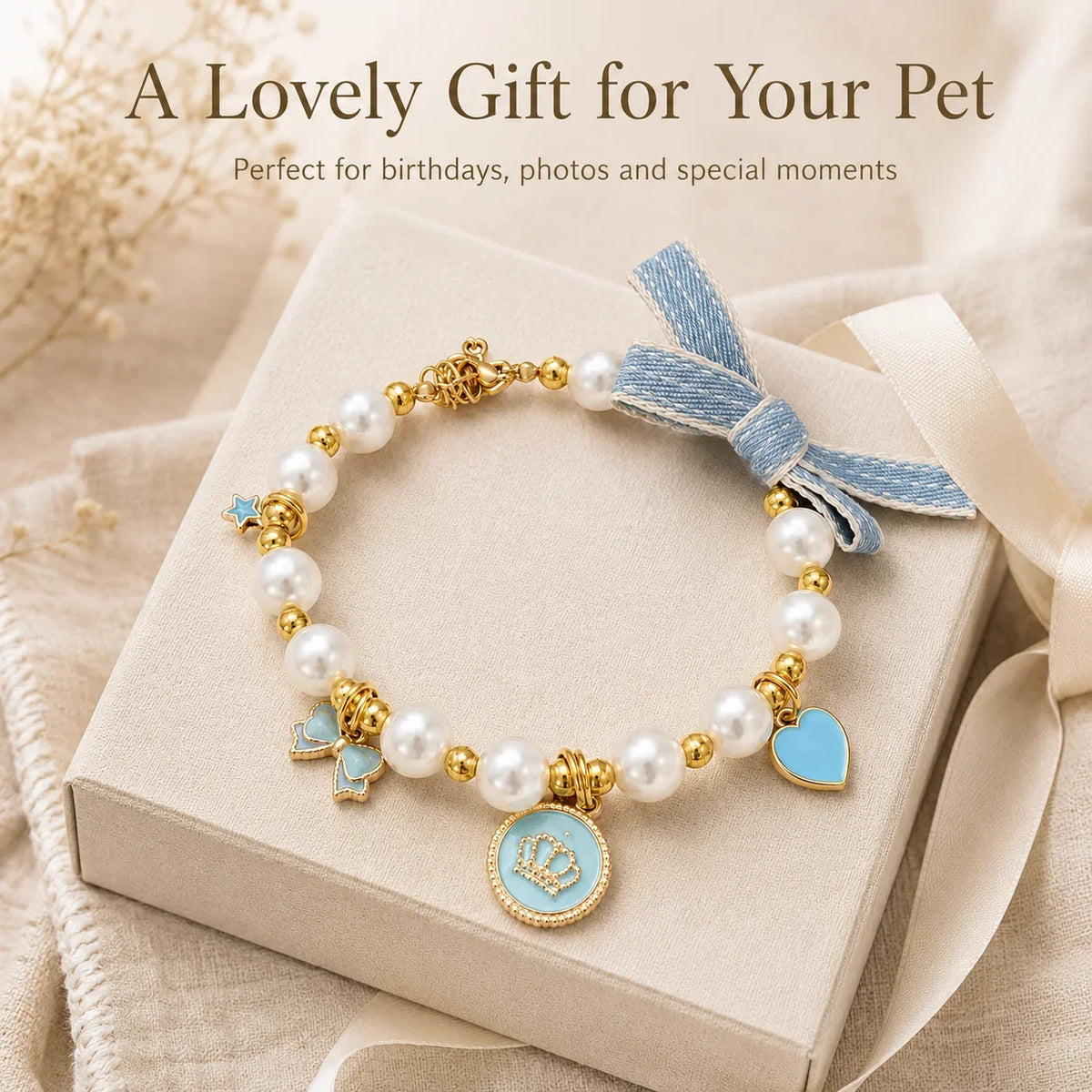 Light Blue Pearl Bow & Crown Pet Necklace