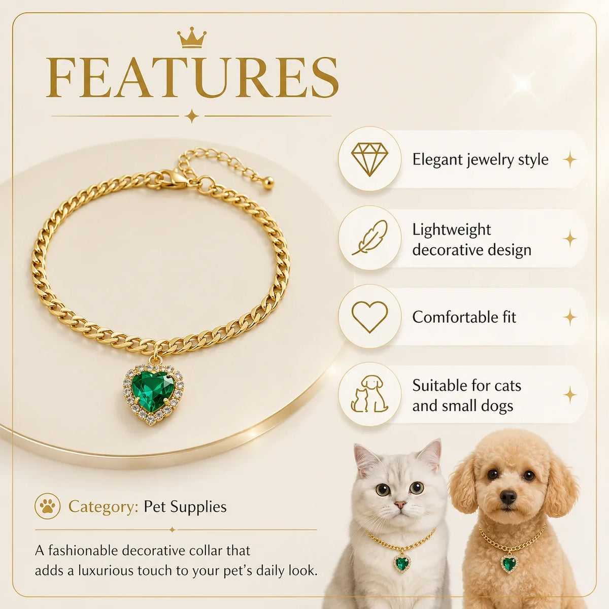 Emerald Heart Cuban Chain Pet Necklace